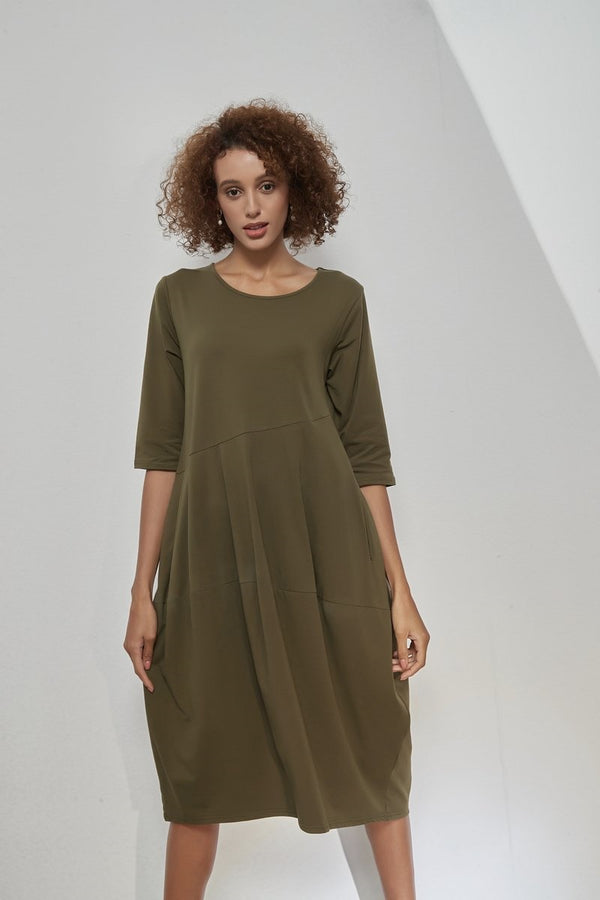 Tirelli - 3/4 Sleeve Diagonal Seam Dress - Khaki | milk + ginger