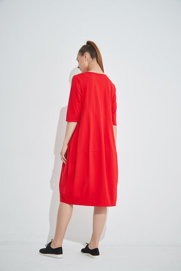 Tirelli - 3/4 Sleeve Diagonal Seam Dress - Red | milk + ginger