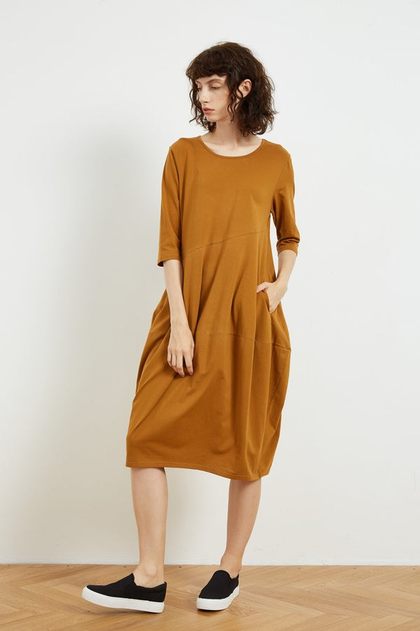 Tirelli - 3/4 Sleeve Diagonal Seam Dress - Caramel | milk + ginger