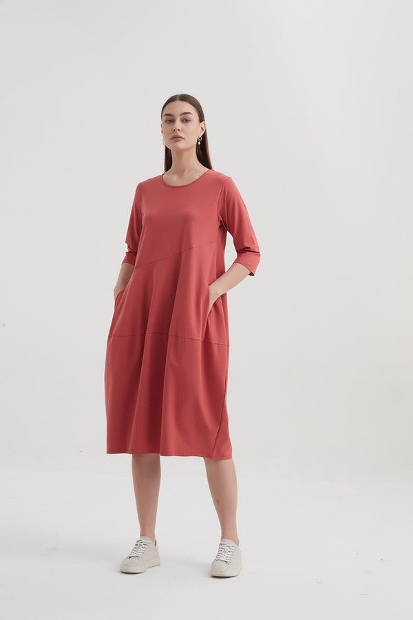 Tirelli - 3/4 Sleeve Diagonal Seam Dress - Warm Blush