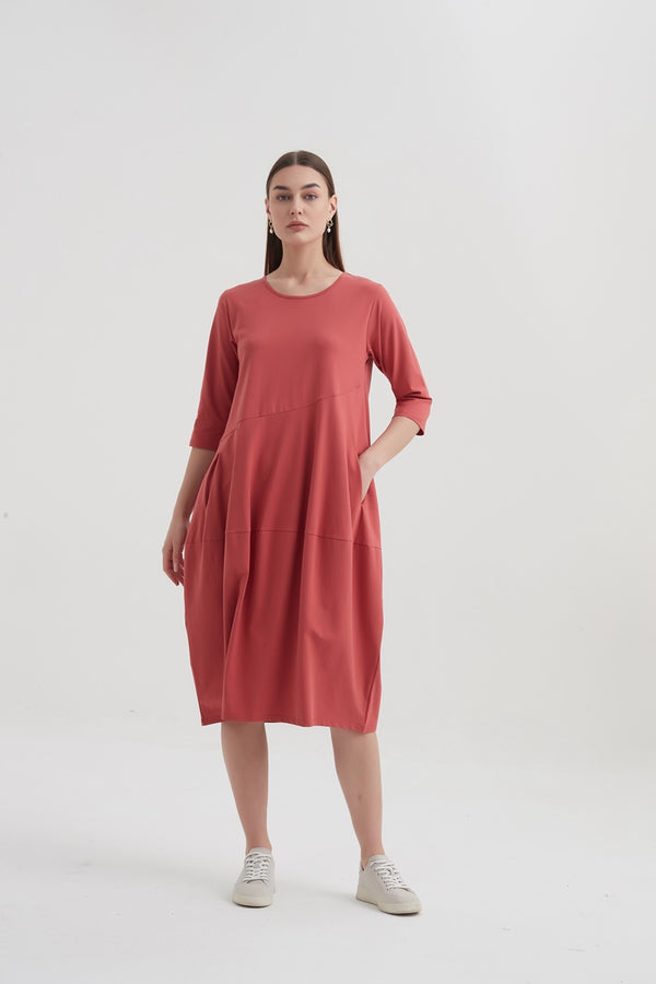 Tirelli - 3/4 Sleeve Diagonal Seam Dress - Warm Blush