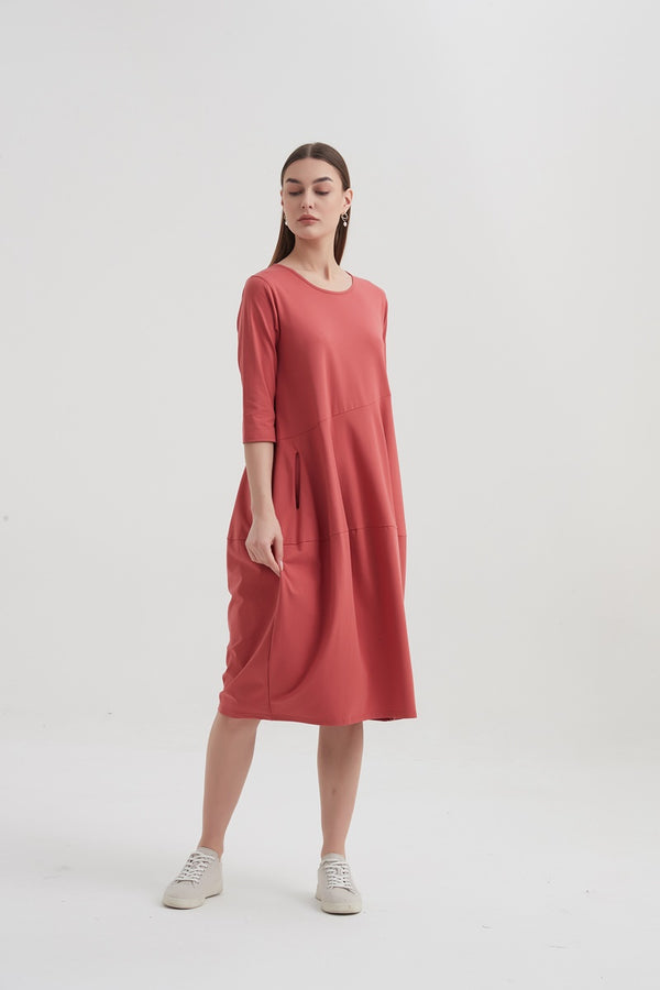 Tirelli - 3/4 Sleeve Diagonal Seam Dress - Warm Blush