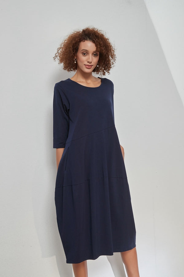 3/4 Sleeve Diagonal Seam Dress - Deep Navy | milk + ginger