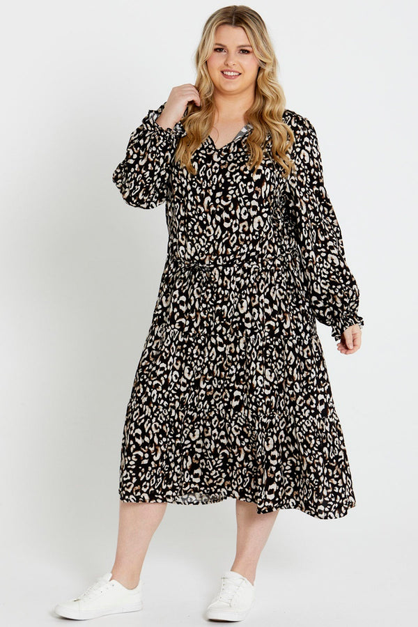 Sass - Korra Belted Tiered Midi - Black Animal