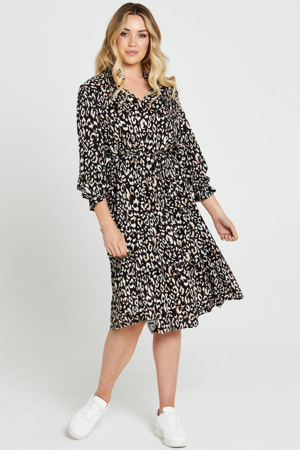 Sass - Korra Belted Tiered Midi - Black Animal