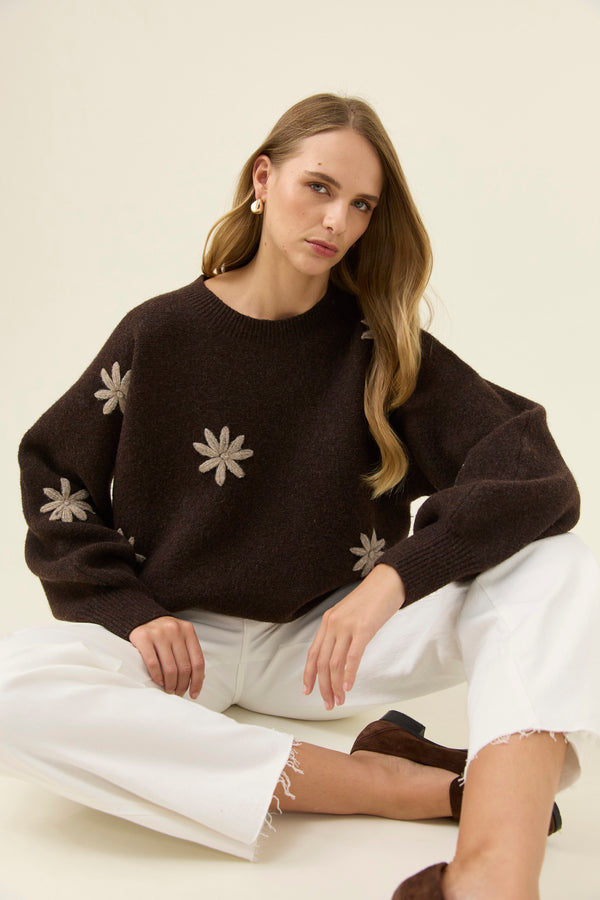 Isle of Mine - Miru Stitch Flower Jumper - Chocolate