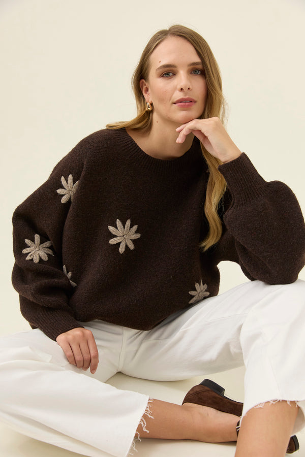 Isle of Mine - Miru Stitch Flower Jumper - Chocolate
