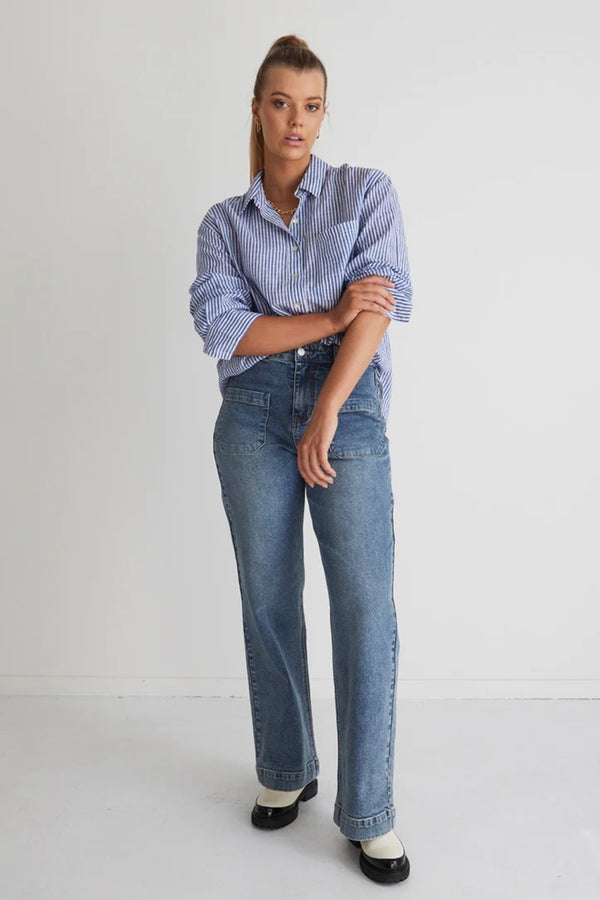 Stories Be Told - You Got This Oversized Cotton Shirt - Blue