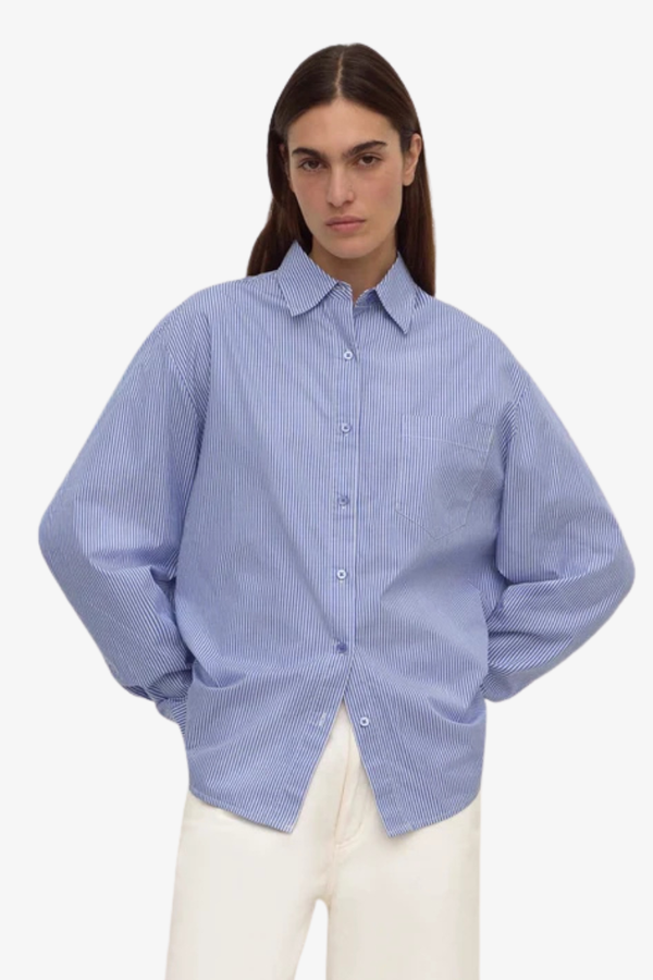 Assembly Label - Ava Stripe Cotton Poplin Long Sleeve Shirt - Navy