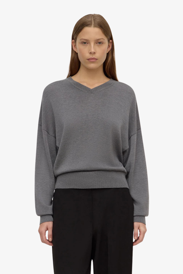 Assembly Label - Mira V Neck Sweater - Dark Grey Marle