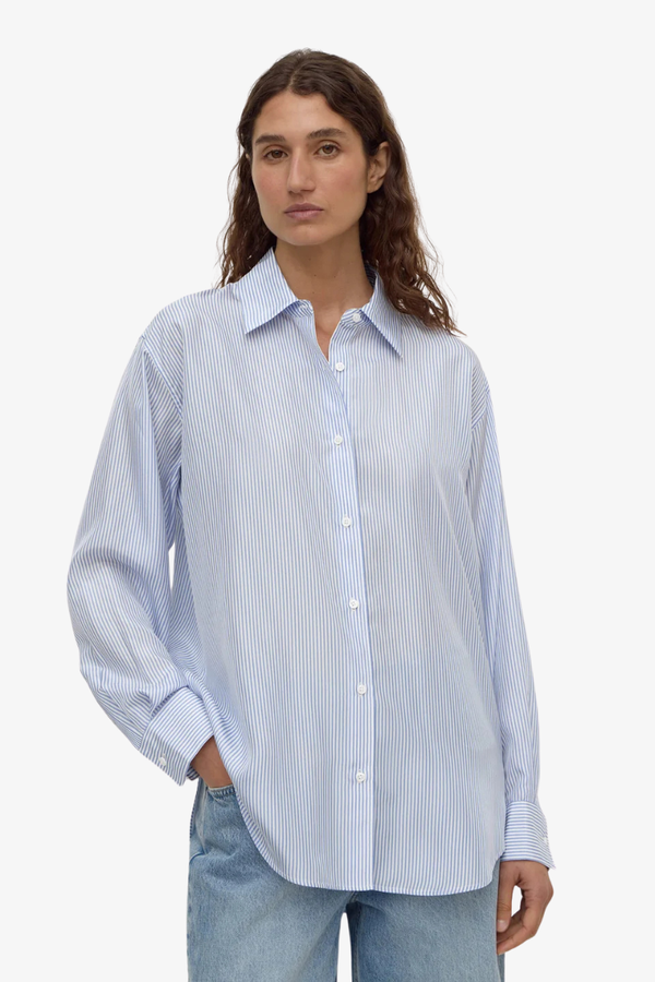 Assembly Label - Spencer Stripe Silk Long Sleeve Shirt - Blue/White Stripe
