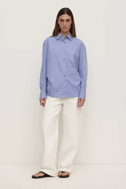 Assembly Label - Ava Stripe Cotton Poplin Long Sleeve Shirt - Navy