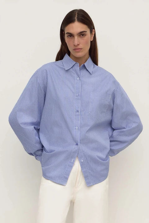 Assembly Label - Ava Stripe Cotton Poplin Long Sleeve Shirt - Navy
