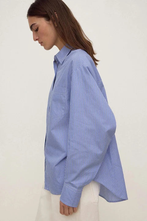 Assembly Label - Ava Stripe Cotton Poplin Long Sleeve Shirt - Navy