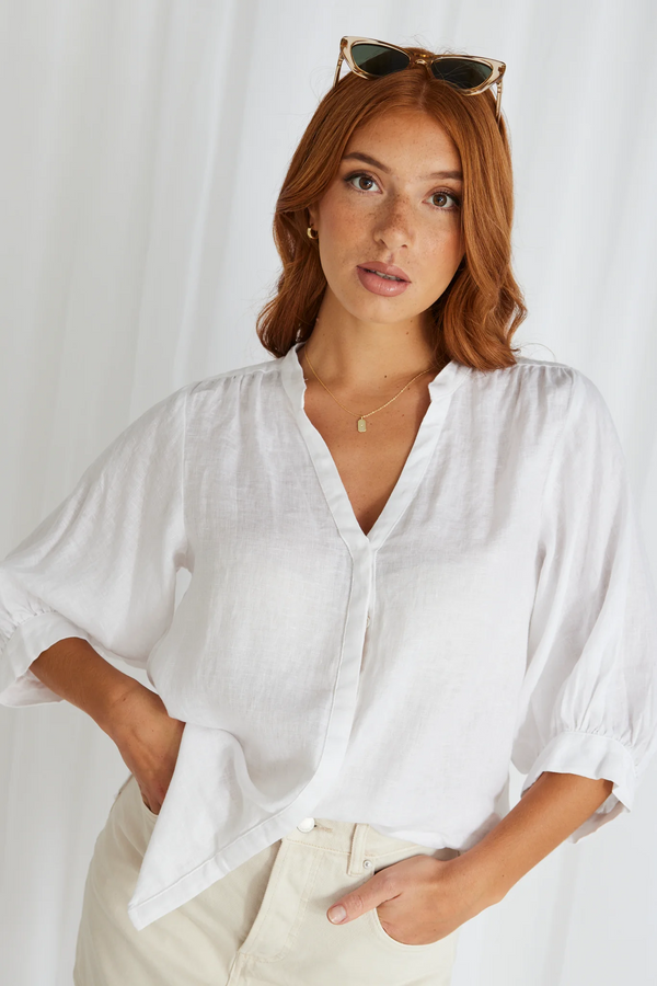 By Rosa - Deity White Linen Puff Sleeve Blouse - White