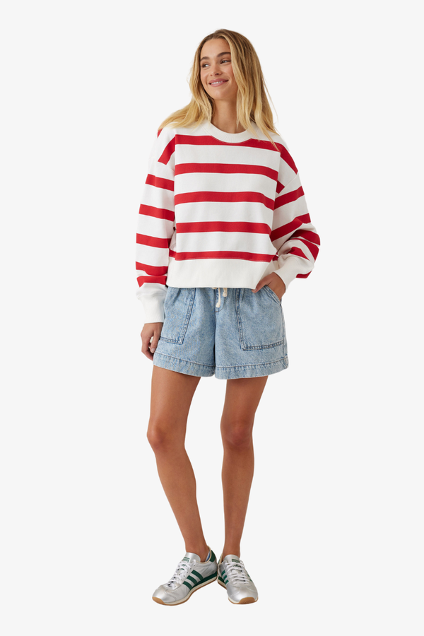 Ceres Life - Cropped Slouchy Crew - Warm Red/White Stripe