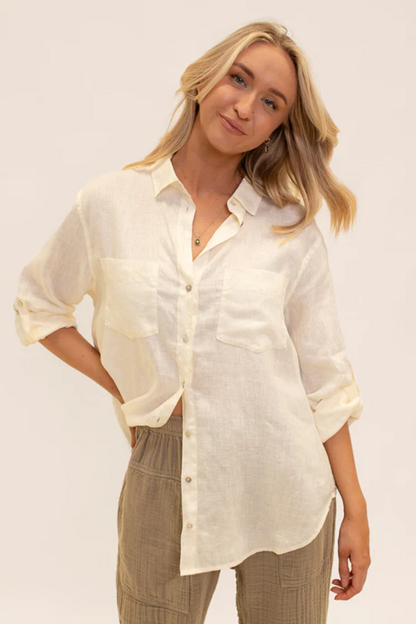 HUT - The Boyfriend Linen Shirt - Ivory Brulee