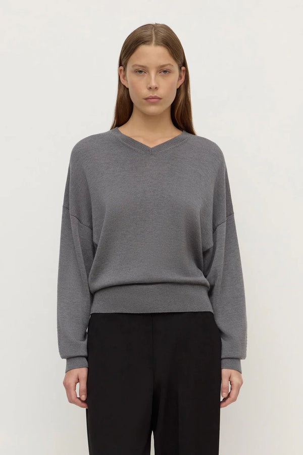 Assembly Label - Mira V Neck Sweater - Dark Grey Marle