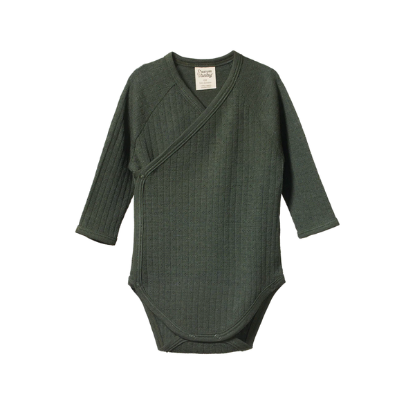 Nature Baby - Merino Pointelle Long Sleeve Kimono Bodysuit  - Thyme