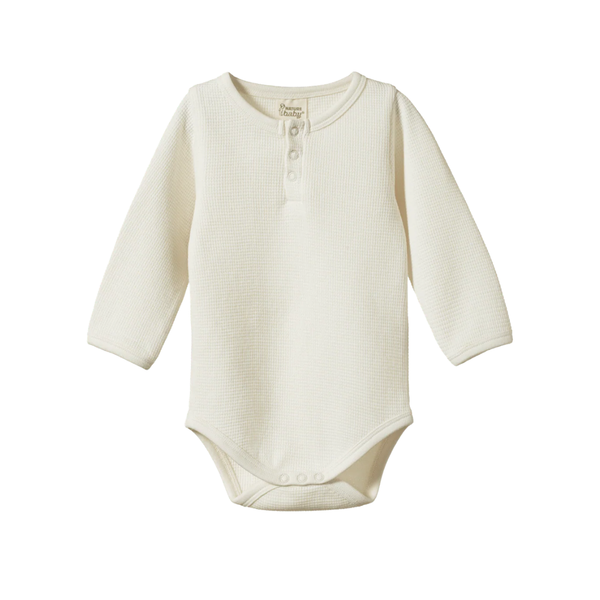 Nature Baby - Waffle Henley Long Sleeve Bodysuit - Natural
