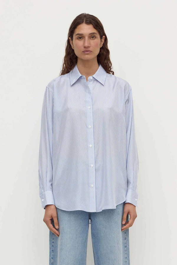 Assembly Label - Spencer Stripe Silk Long Sleeve Shirt - Blue/White Stripe