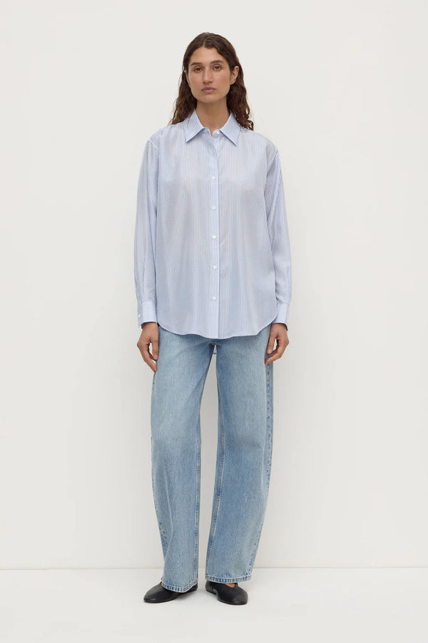 Assembly Label - Spencer Stripe Silk Long Sleeve Shirt - Blue/White Stripe