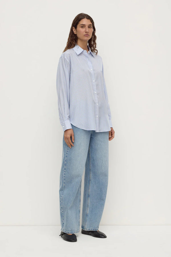 Assembly Label - Spencer Stripe Silk Long Sleeve Shirt - Blue/White Stripe