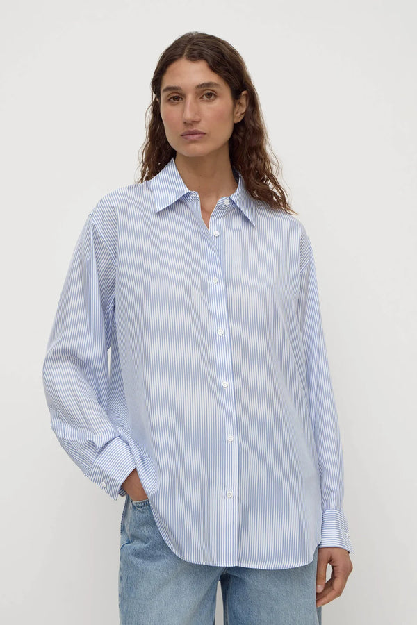 Assembly Label - Spencer Stripe Silk Long Sleeve Shirt - Blue/White Stripe