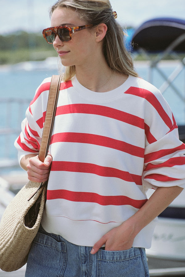 Ceres Life - Cropped Slouchy Crew - Warm Red/White Stripe