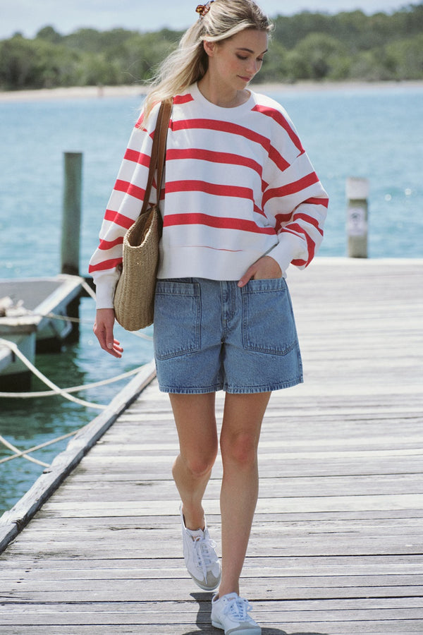 Ceres Life - Cropped Slouchy Crew - Warm Red/White Stripe