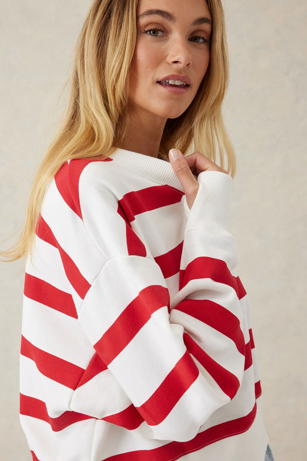 Ceres Life - Cropped Slouchy Crew - Warm Red/White Stripe