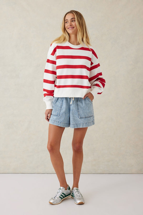 Ceres Life - Cropped Slouchy Crew - Warm Red/White Stripe