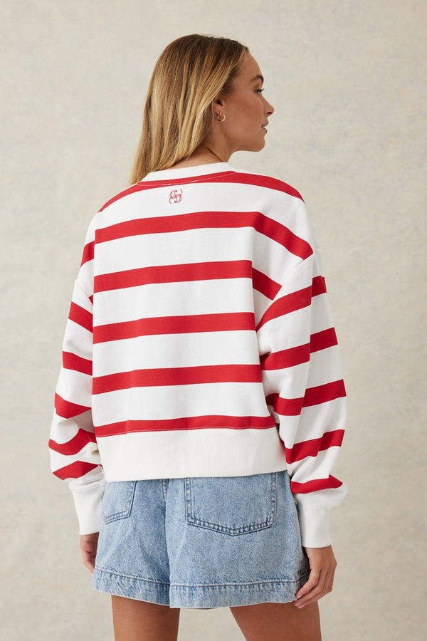 Ceres Life - Cropped Slouchy Crew - Warm Red/White Stripe