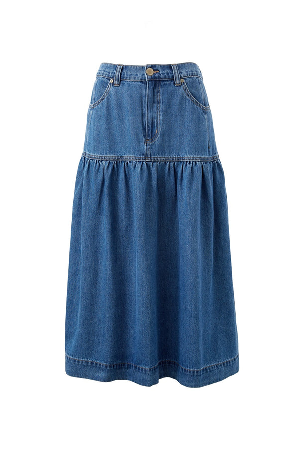 Ceres Life - Drop Waist Denim Midi Skirt - Fresh Indigo