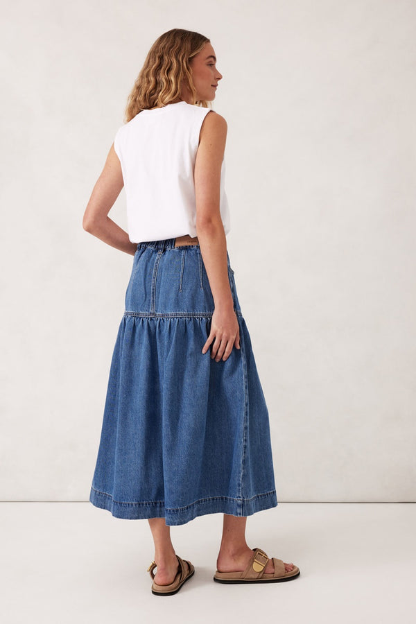 Ceres Life - Drop Waist Denim Midi Skirt - Fresh Indigo