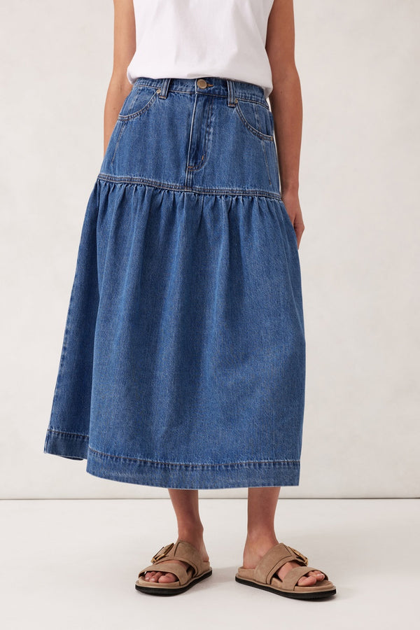 Ceres Life - Drop Waist Denim Midi Skirt - Fresh Indigo