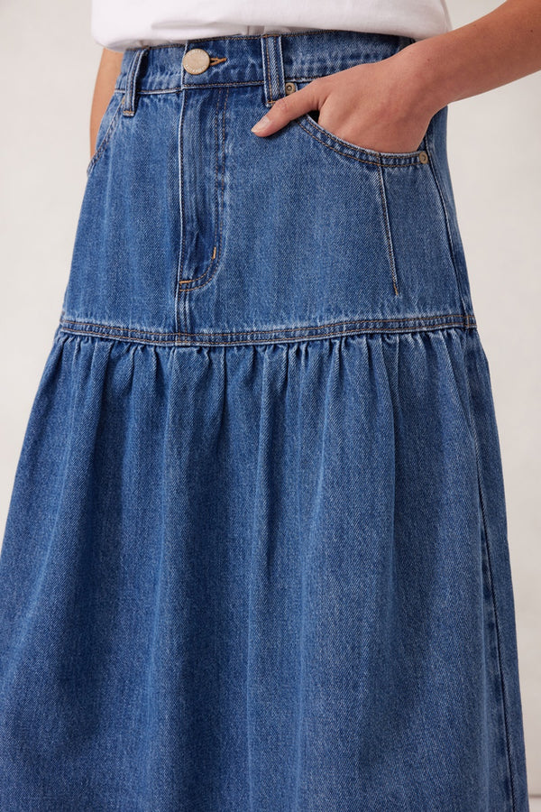 Ceres Life - Drop Waist Denim Midi Skirt - Fresh Indigo