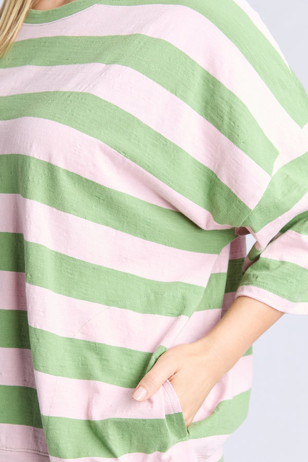 Elm - Fundamental Mazie Sweat - Forest Green & Pink Lady Stripe