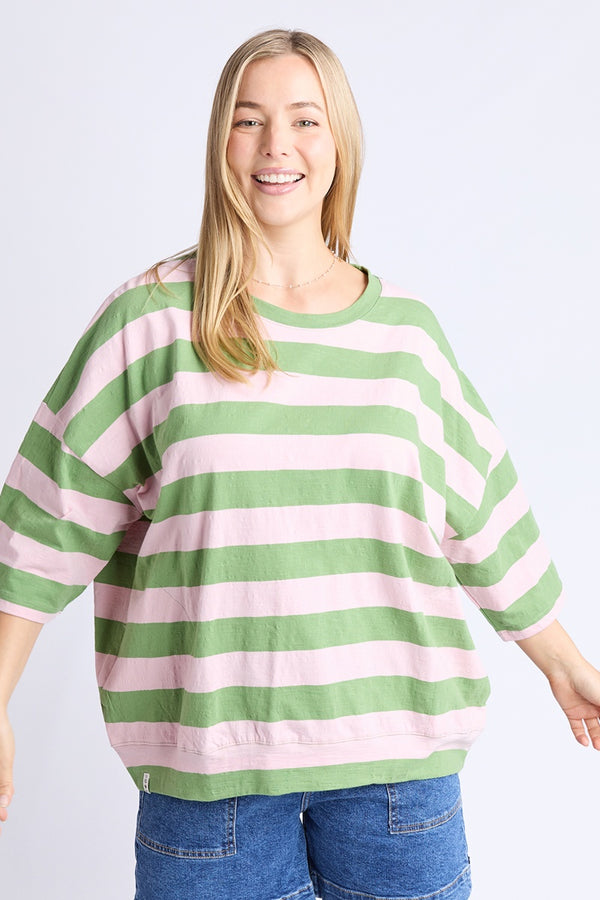 Elm - Fundamental Mazie Sweat - Forest Green & Pink Lady Stripe