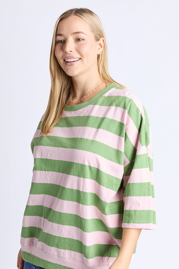 Elm - Fundamental Mazie Sweat - Forest Green & Pink Lady Stripe