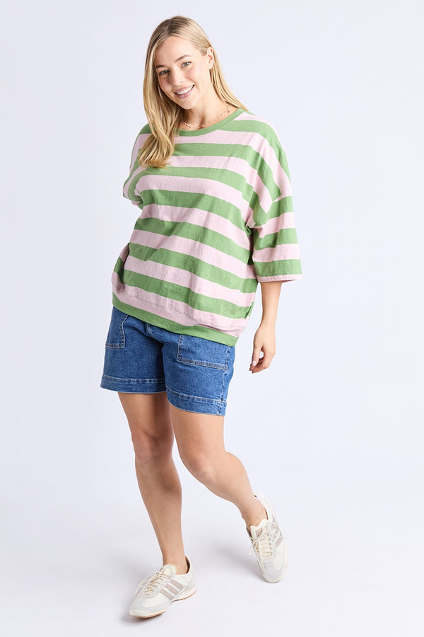 Elm - Fundamental Mazie Sweat - Forest Green & Pink Lady Stripe