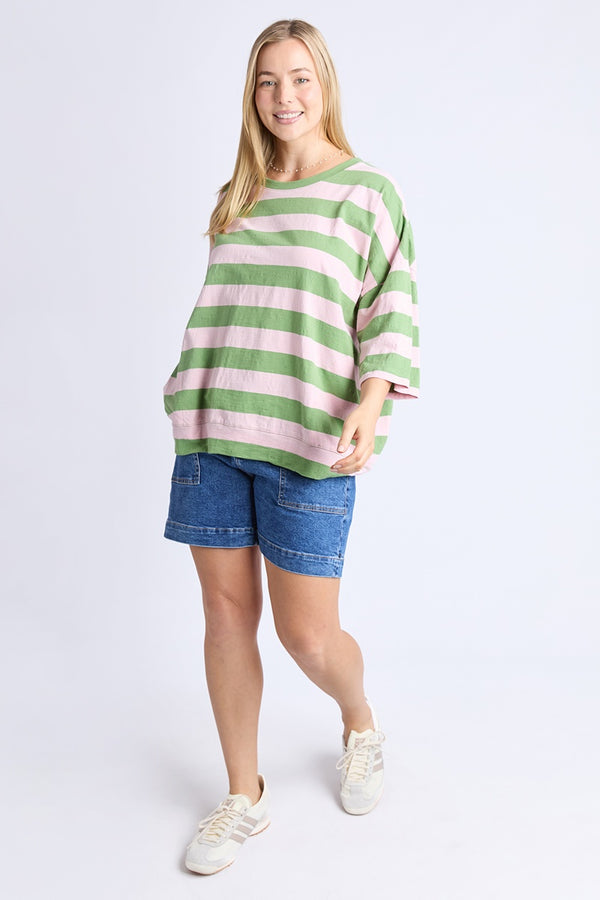 Elm - Fundamental Mazie Sweat - Forest Green & Pink Lady Stripe