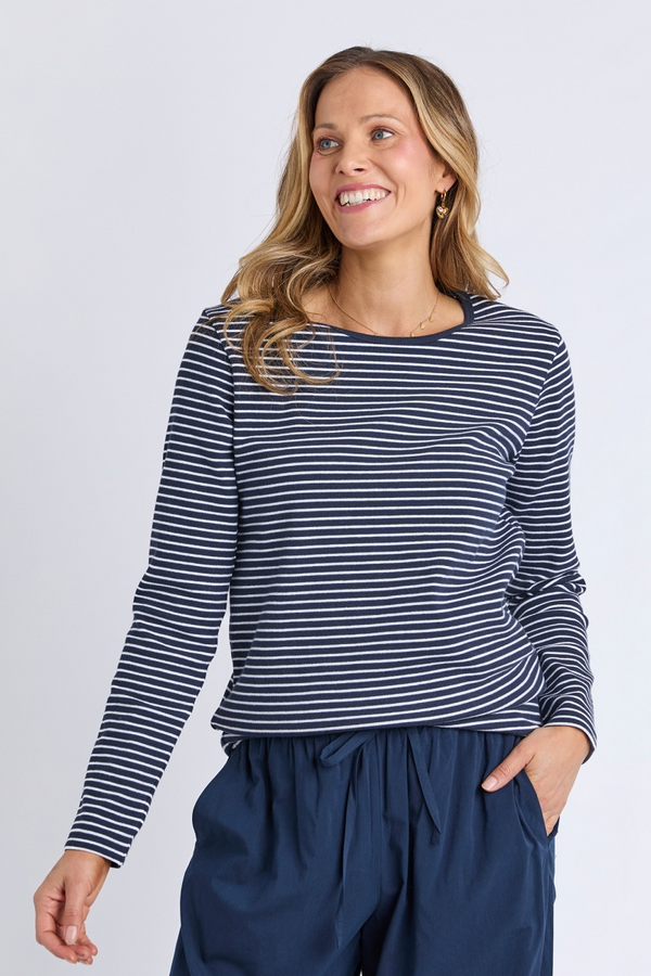 Elm - Hayley Rib Long Sleeve Tee - Navy/White Stripe