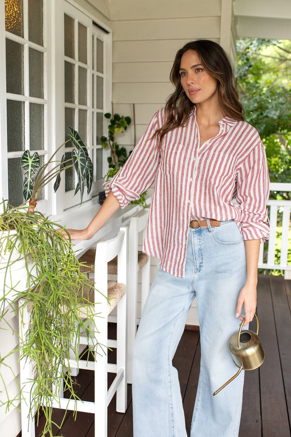 HUT - Boyfriend Linen Shirt - Rhubarb Stripe