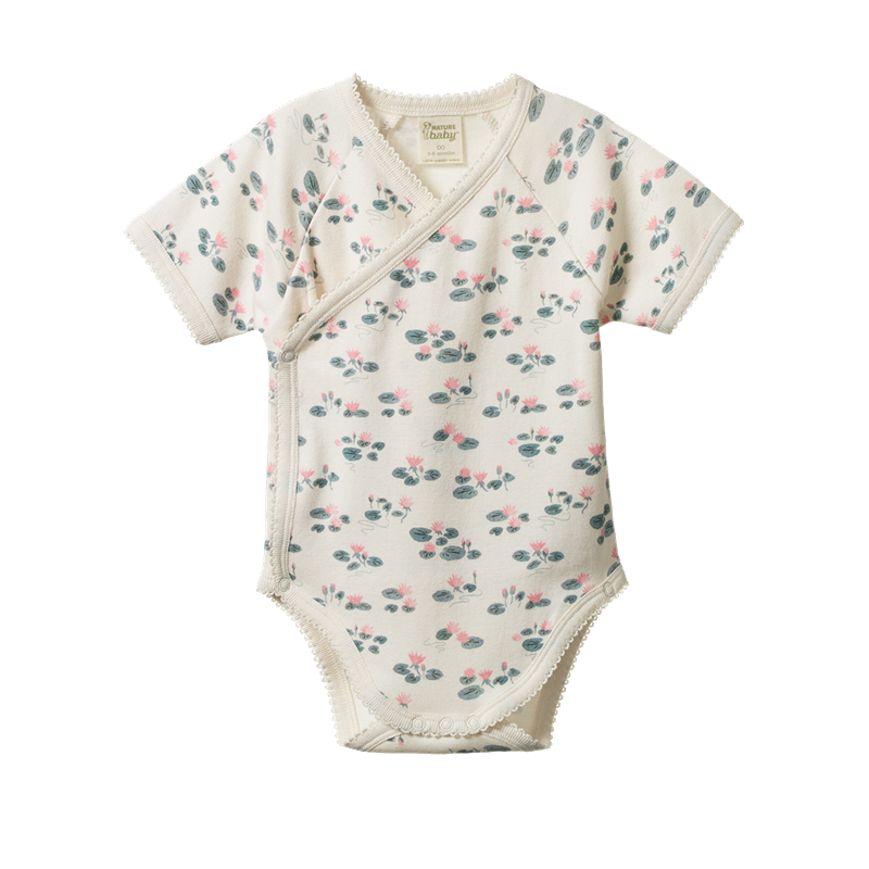 Nature Baby Short Sleeve Kimono Bodysuit Waterlilies Print