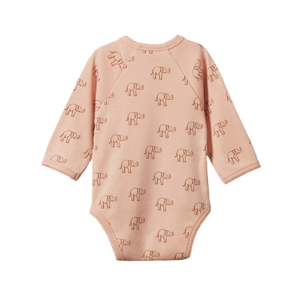 Nature Baby - LS Kimono Bodysuit - Elephant Rose Dust Print