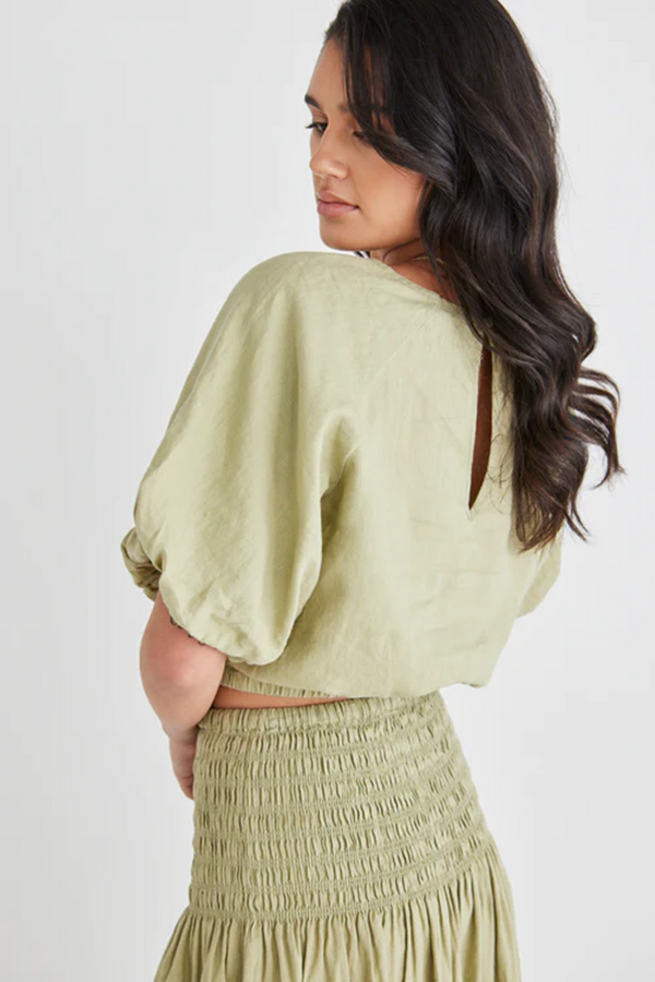 RE:UNION - Matty Moss Linen Puff Sleeve Crop Top - Moss