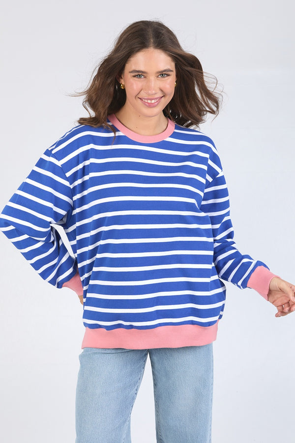 Elm - Tully Stripe Fleece Crew - Blue/White Stripe