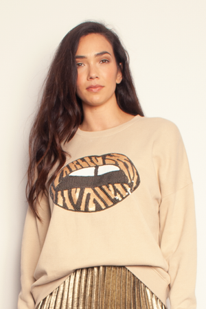 The Others - The Slouchy Sweat - Sandstone with Zebra Sequin Lips | milk + ginger