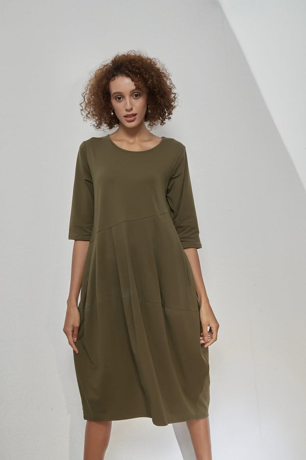 Tirelli - 3/4 Sleeve Diagonal Seam Dress - Khaki